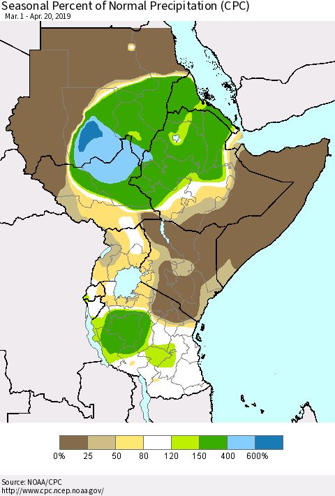 Eastern Africa Seasonal Percent of Normal Precipitation (CPC) Thematic Map For 3/1/2019 - 4/20/2019
