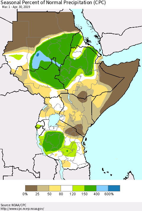 Eastern Africa Seasonal Percent of Normal Precipitation (CPC) Thematic Map For 3/1/2019 - 4/30/2019