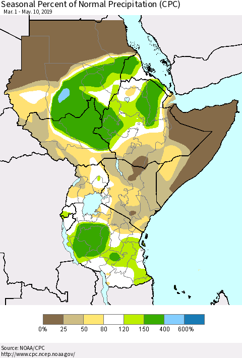 Eastern Africa Seasonal Percent of Normal Precipitation (CPC) Thematic Map For 3/1/2019 - 5/10/2019