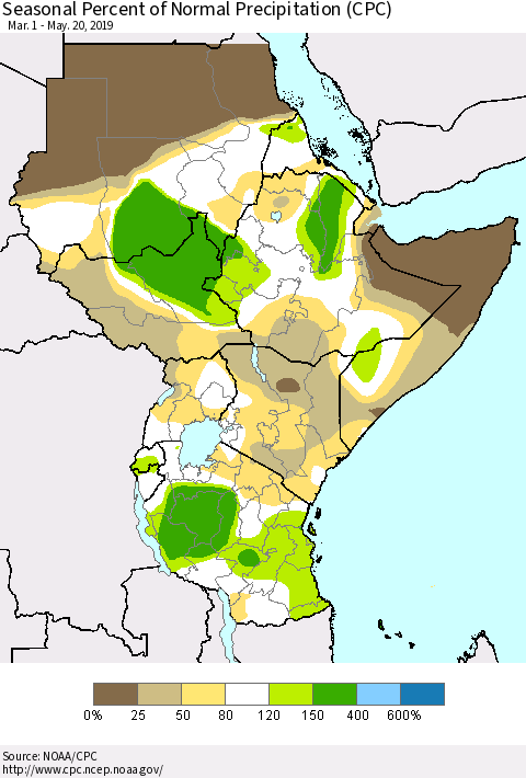 Eastern Africa Seasonal Percent of Normal Precipitation (CPC) Thematic Map For 3/1/2019 - 5/20/2019