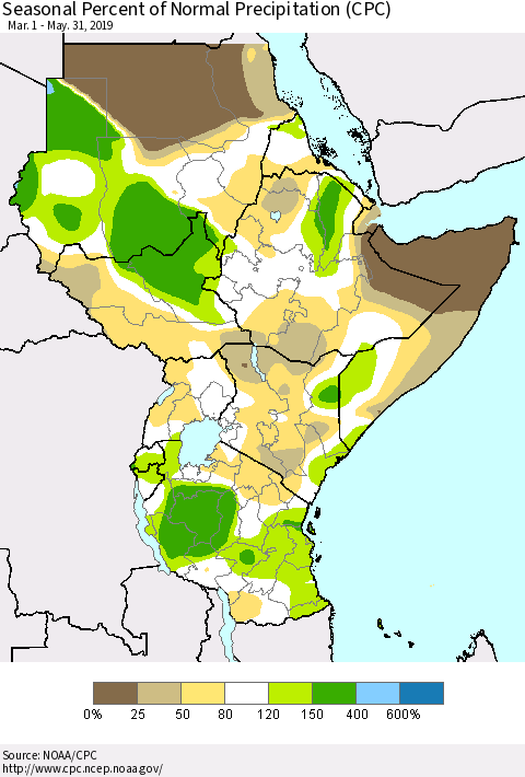 Eastern Africa Seasonal Percent of Normal Precipitation (CPC) Thematic Map For 3/1/2019 - 5/31/2019