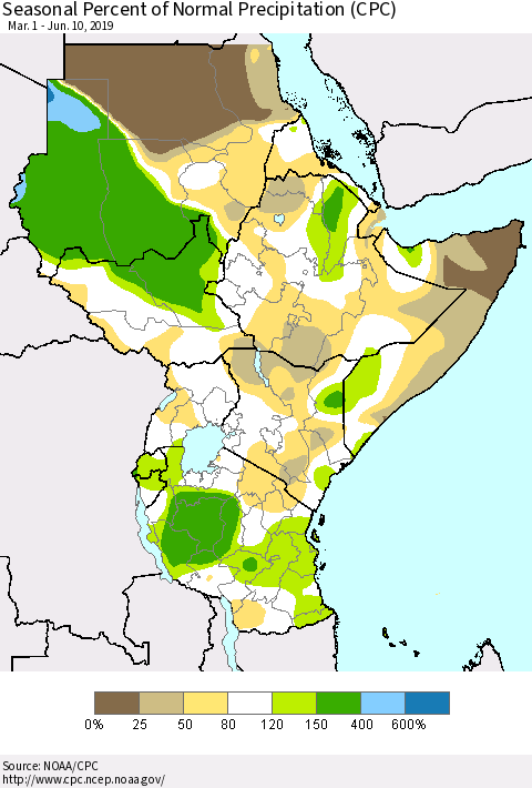 Eastern Africa Seasonal Percent of Normal Precipitation (CPC) Thematic Map For 3/1/2019 - 6/10/2019