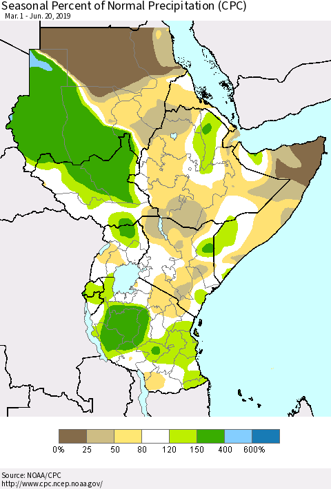 Eastern Africa Seasonal Percent of Normal Precipitation (CPC) Thematic Map For 3/1/2019 - 6/20/2019