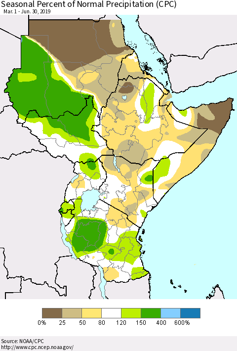 Eastern Africa Seasonal Percent of Normal Precipitation (CPC) Thematic Map For 3/1/2019 - 6/30/2019