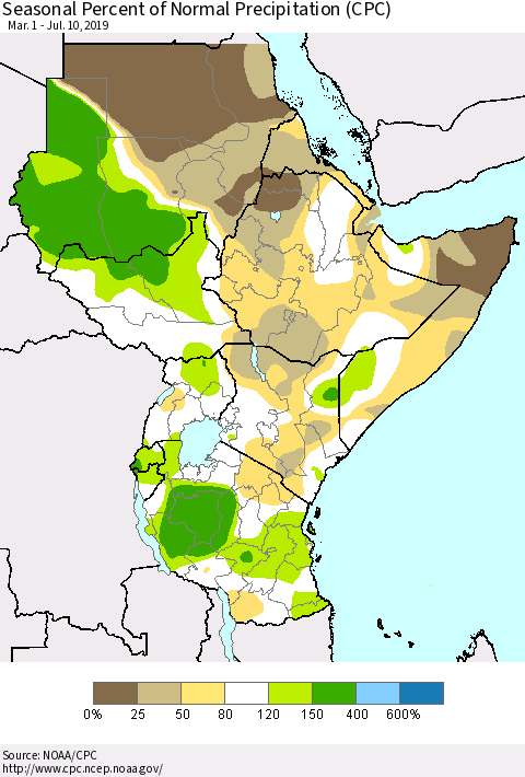 Eastern Africa Seasonal Percent of Normal Precipitation (CPC) Thematic Map For 3/1/2019 - 7/10/2019