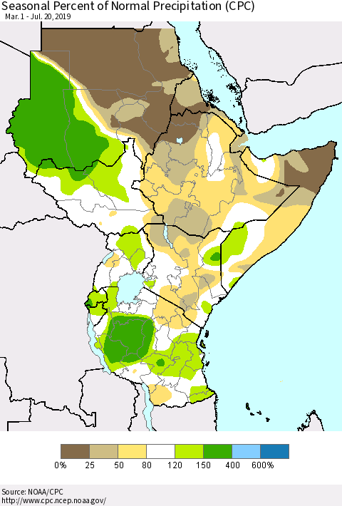 Eastern Africa Seasonal Percent of Normal Precipitation (CPC) Thematic Map For 3/1/2019 - 7/20/2019