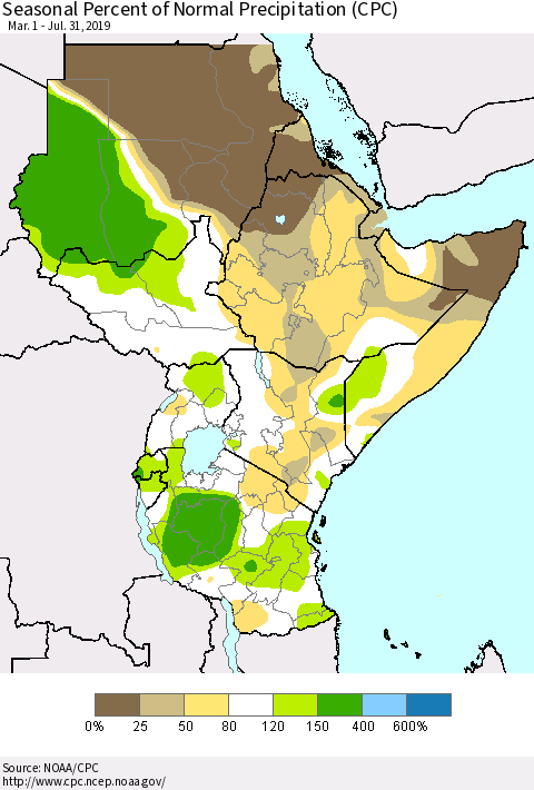 Eastern Africa Seasonal Percent of Normal Precipitation (CPC) Thematic Map For 3/1/2019 - 7/31/2019