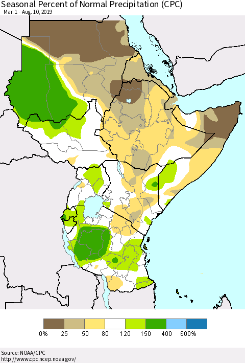 Eastern Africa Seasonal Percent of Normal Precipitation (CPC) Thematic Map For 3/1/2019 - 8/10/2019