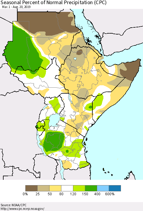 Eastern Africa Seasonal Percent of Normal Precipitation (CPC) Thematic Map For 3/1/2019 - 8/20/2019
