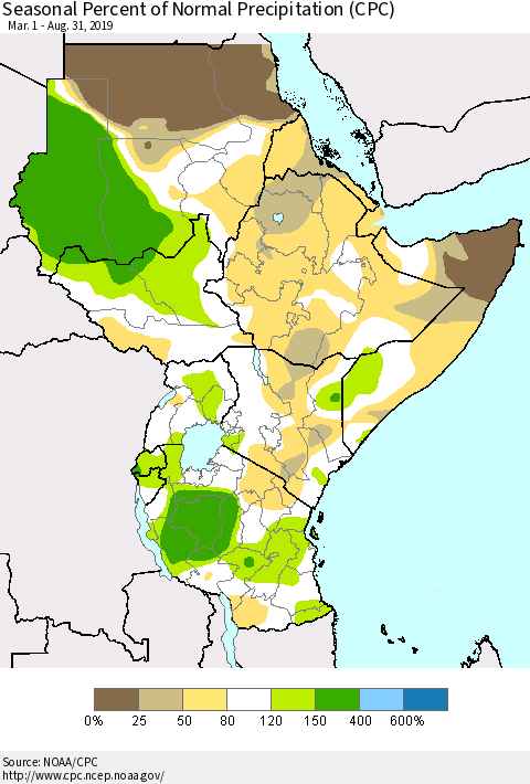 Eastern Africa Seasonal Percent of Normal Precipitation (CPC) Thematic Map For 3/1/2019 - 8/31/2019