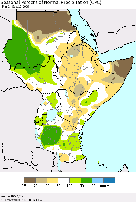 Eastern Africa Seasonal Percent of Normal Precipitation (CPC) Thematic Map For 3/1/2019 - 9/10/2019