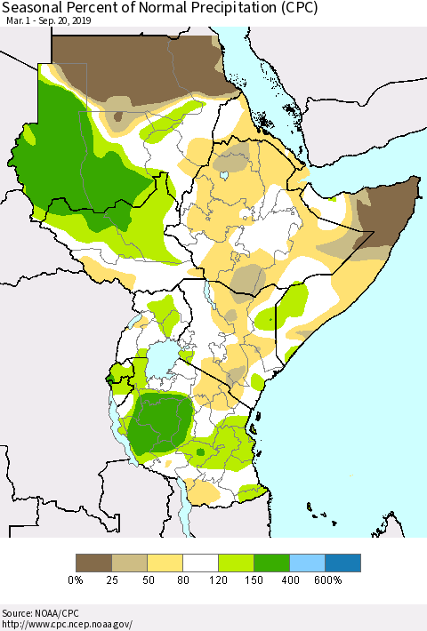 Eastern Africa Seasonal Percent of Normal Precipitation (CPC) Thematic Map For 3/1/2019 - 9/20/2019