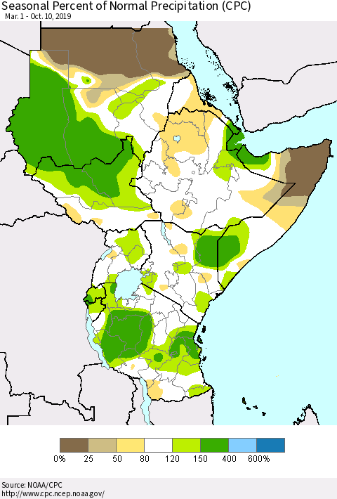 Eastern Africa Seasonal Percent of Normal Precipitation (CPC) Thematic Map For 3/1/2019 - 10/10/2019