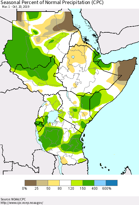 Eastern Africa Seasonal Percent of Normal Precipitation (CPC) Thematic Map For 3/1/2019 - 10/20/2019