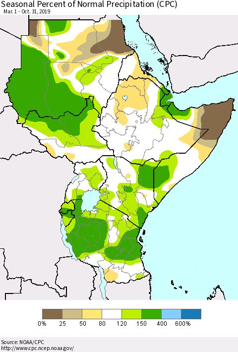 Eastern Africa Seasonal Percent of Normal Precipitation (CPC) Thematic Map For 3/1/2019 - 10/31/2019