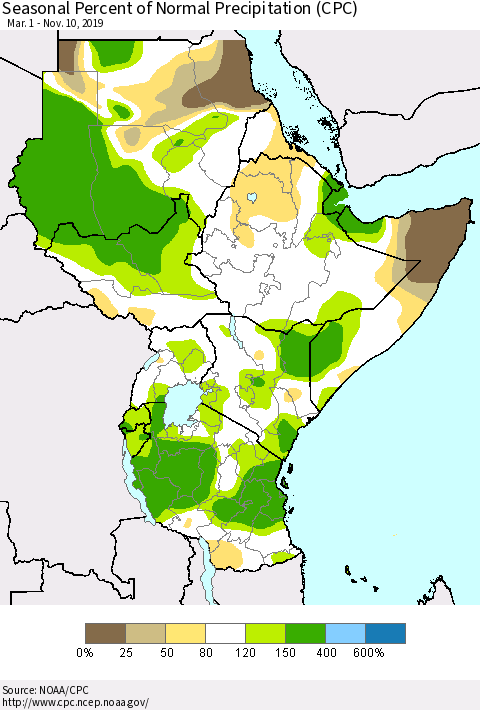 Eastern Africa Seasonal Percent of Normal Precipitation (CPC) Thematic Map For 3/1/2019 - 11/10/2019
