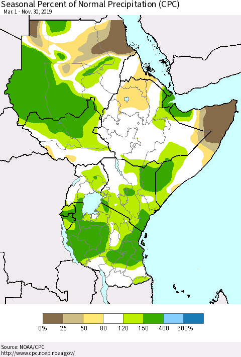 Eastern Africa Seasonal Percent of Normal Precipitation (CPC) Thematic Map For 3/1/2019 - 11/30/2019