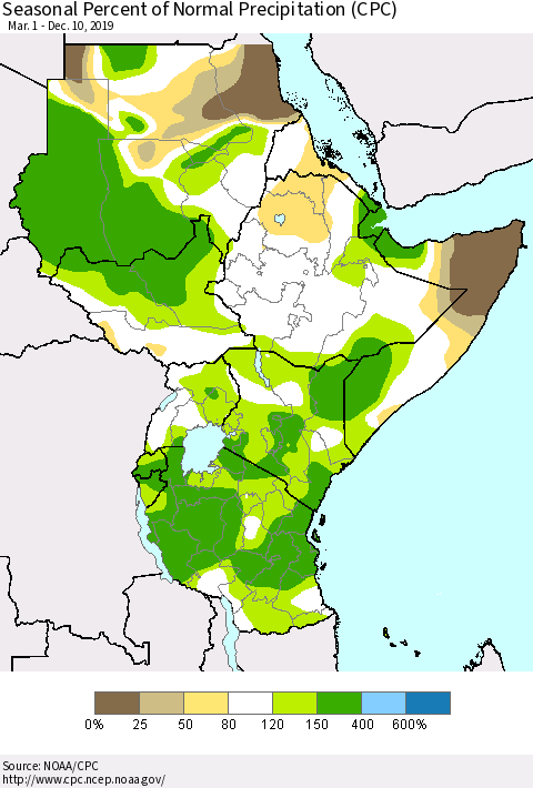 Eastern Africa Seasonal Percent of Normal Precipitation (CPC) Thematic Map For 3/1/2019 - 12/10/2019