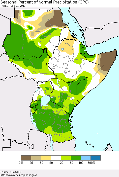 Eastern Africa Seasonal Percent of Normal Precipitation (CPC) Thematic Map For 3/1/2019 - 12/31/2019