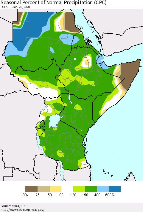 Eastern Africa Seasonal Percent of Normal Precipitation (CPC) Thematic Map For 10/1/2019 - 1/20/2020