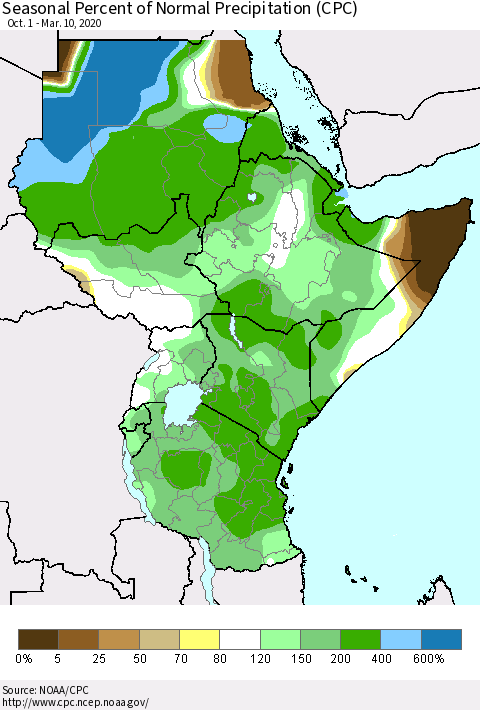 Eastern Africa Seasonal Percent of Normal Precipitation (CPC) Thematic Map For 10/1/2019 - 3/10/2020