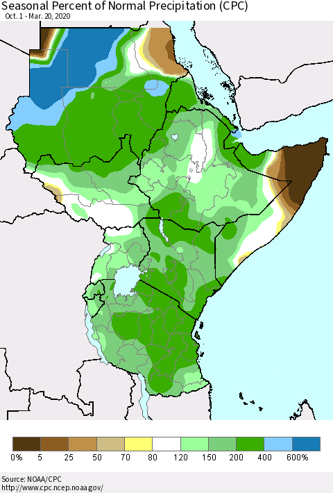 Eastern Africa Seasonal Percent of Normal Precipitation (CPC) Thematic Map For 10/1/2019 - 3/20/2020