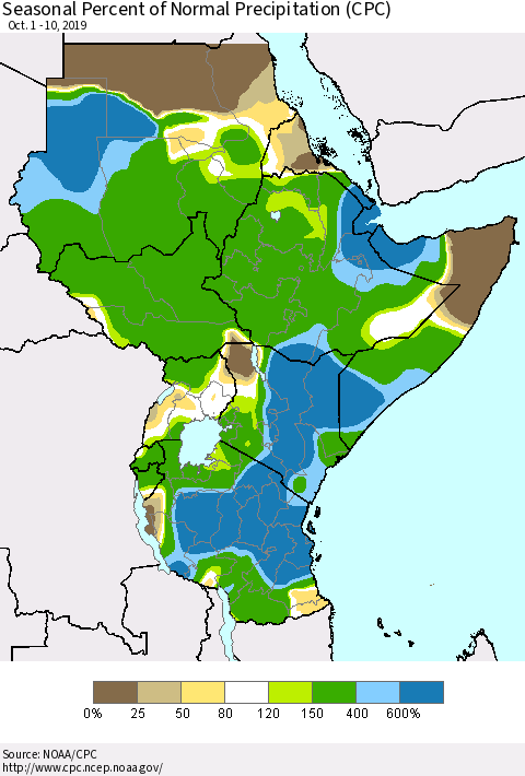 Eastern Africa Seasonal Percent of Normal Precipitation (CPC) Thematic Map For 10/1/2019 - 10/10/2019