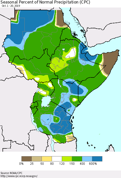 Eastern Africa Seasonal Percent of Normal Precipitation (CPC) Thematic Map For 10/1/2019 - 10/20/2019