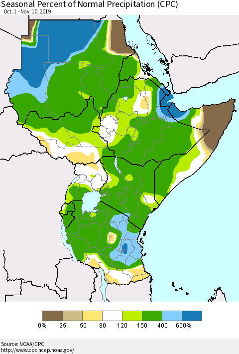Eastern Africa Seasonal Percent of Normal Precipitation (CPC) Thematic Map For 10/1/2019 - 11/10/2019