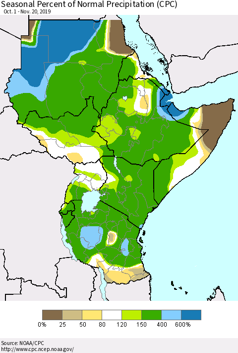Eastern Africa Seasonal Percent of Normal Precipitation (CPC) Thematic Map For 10/1/2019 - 11/20/2019