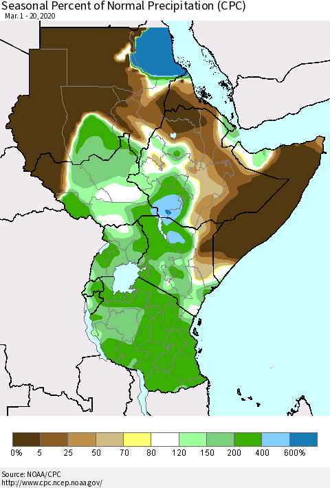 Eastern Africa Seasonal Percent of Normal Precipitation (CPC) Thematic Map For 3/1/2020 - 3/20/2020
