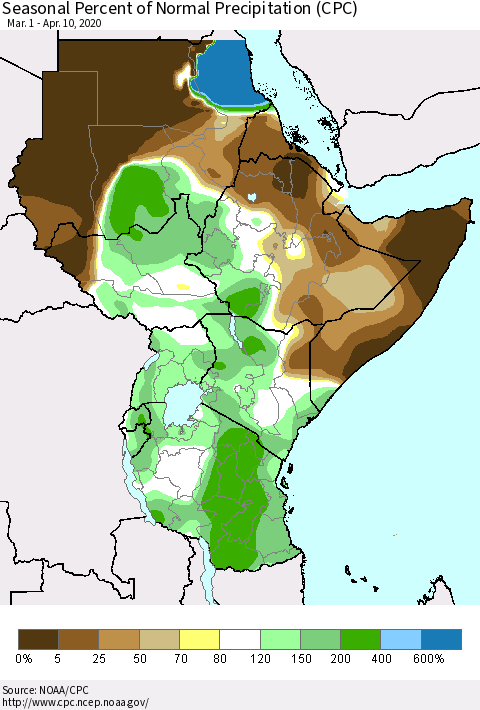 Eastern Africa Seasonal Percent of Normal Precipitation (CPC) Thematic Map For 3/1/2020 - 4/10/2020