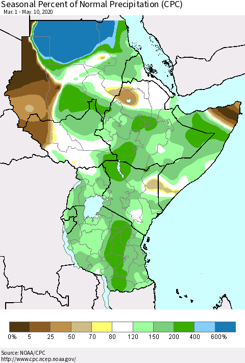 Eastern Africa Seasonal Percent of Normal Precipitation (CPC) Thematic Map For 3/1/2020 - 5/10/2020