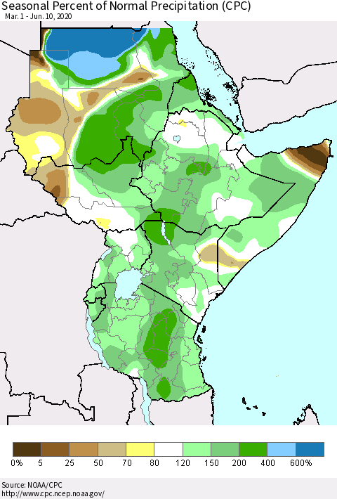 Eastern Africa Seasonal Percent of Normal Precipitation (CPC) Thematic Map For 3/1/2020 - 6/10/2020