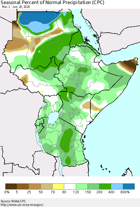 Eastern Africa Seasonal Percent of Normal Precipitation (CPC) Thematic Map For 3/1/2020 - 6/20/2020