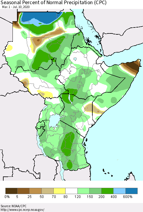 Eastern Africa Seasonal Percent of Normal Precipitation (CPC) Thematic Map For 3/1/2020 - 7/10/2020