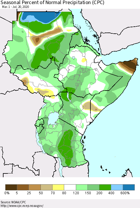 Eastern Africa Seasonal Percent of Normal Precipitation (CPC) Thematic Map For 3/1/2020 - 7/20/2020