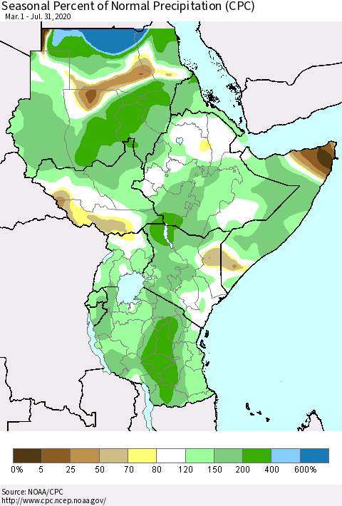 Eastern Africa Seasonal Percent of Normal Precipitation (CPC) Thematic Map For 3/1/2020 - 7/31/2020