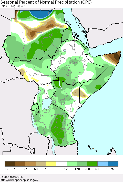 Eastern Africa Seasonal Percent of Normal Precipitation (CPC) Thematic Map For 3/1/2020 - 8/20/2020