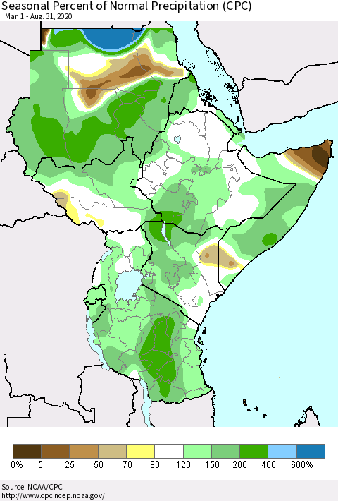 Eastern Africa Seasonal Percent of Normal Precipitation (CPC) Thematic Map For 3/1/2020 - 8/31/2020