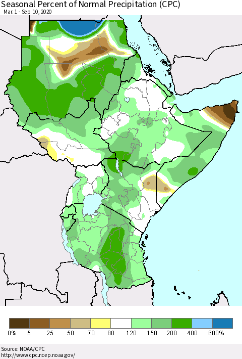 Eastern Africa Seasonal Percent of Normal Precipitation (CPC) Thematic Map For 3/1/2020 - 9/10/2020