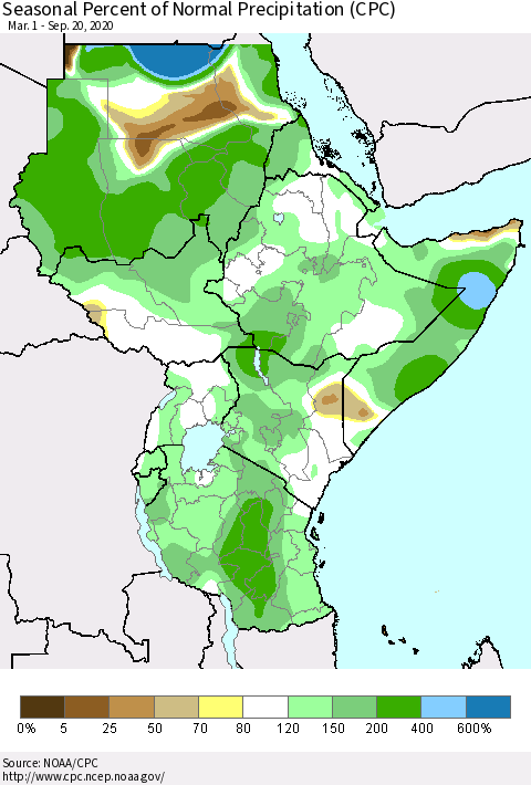 Eastern Africa Seasonal Percent of Normal Precipitation (CPC) Thematic Map For 3/1/2020 - 9/20/2020