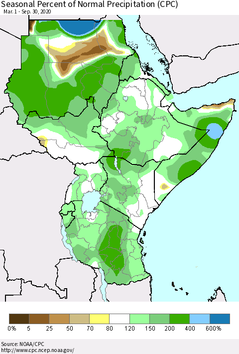 Eastern Africa Seasonal Percent of Normal Precipitation (CPC) Thematic Map For 3/1/2020 - 9/30/2020