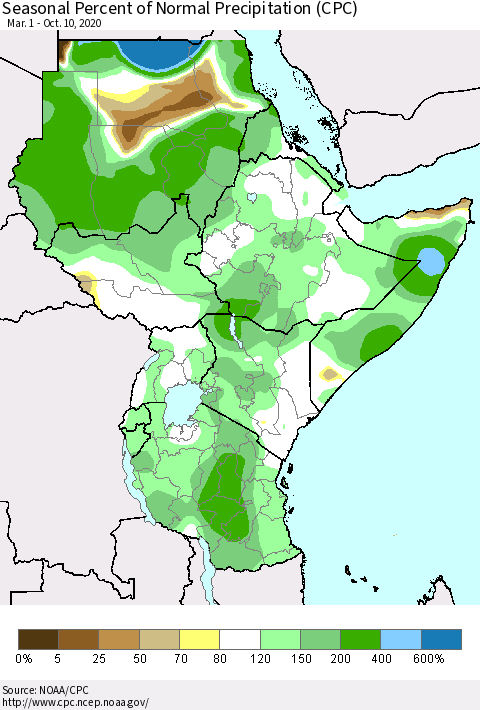 Eastern Africa Seasonal Percent of Normal Precipitation (CPC) Thematic Map For 3/1/2020 - 10/10/2020