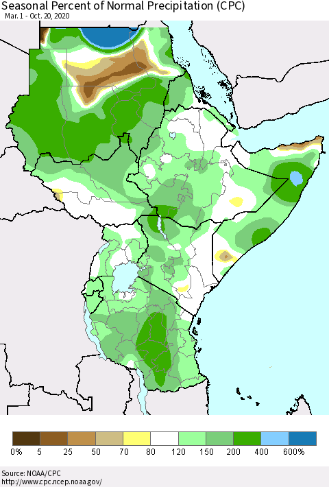 Eastern Africa Seasonal Percent of Normal Precipitation (CPC) Thematic Map For 3/1/2020 - 10/20/2020