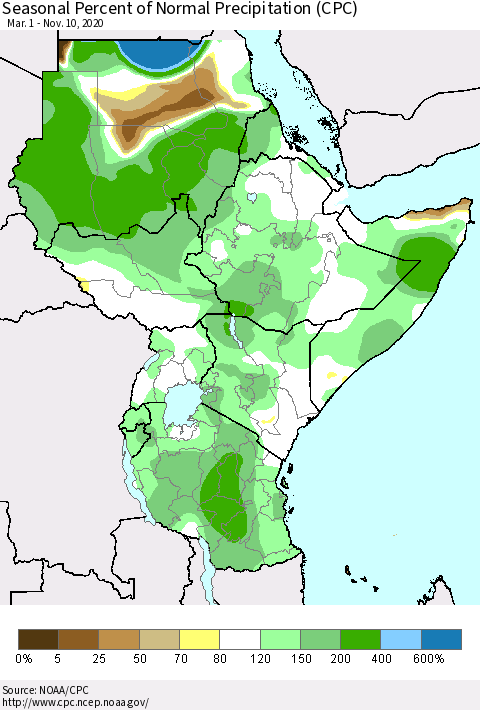Eastern Africa Seasonal Percent of Normal Precipitation (CPC) Thematic Map For 3/1/2020 - 11/10/2020