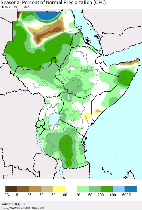 Eastern Africa Seasonal Percent of Normal Precipitation (CPC) Thematic Map For 3/1/2020 - 12/10/2020