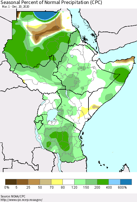 Eastern Africa Seasonal Percent of Normal Precipitation (CPC) Thematic Map For 3/1/2020 - 12/20/2020