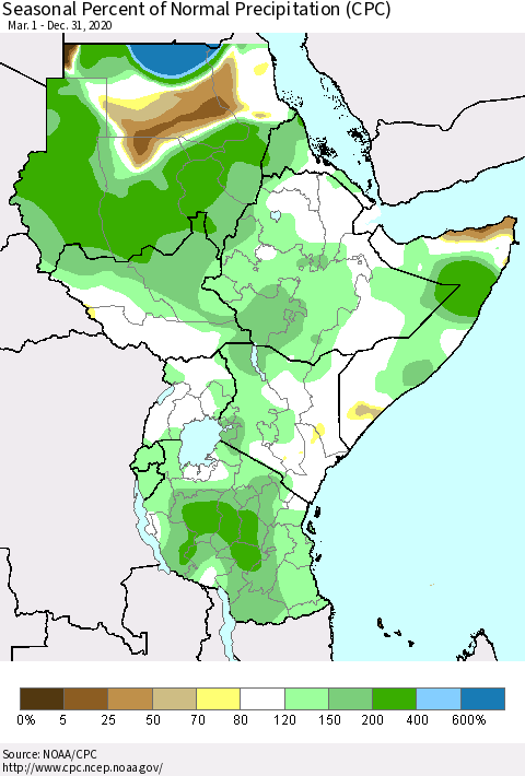 Eastern Africa Seasonal Percent of Normal Precipitation (CPC) Thematic Map For 3/1/2020 - 12/31/2020