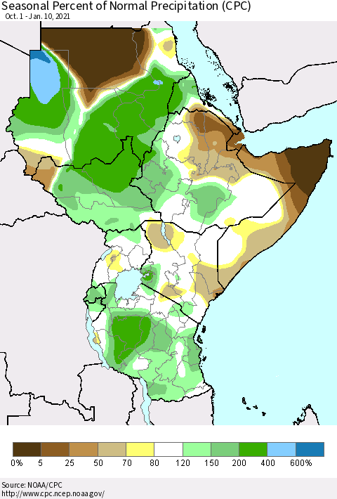 Eastern Africa Seasonal Percent of Normal Precipitation (CPC) Thematic Map For 10/1/2020 - 1/10/2021